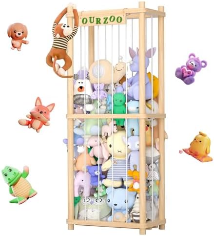 Eniffbaa Stuffed Animal Zoo Stuffed Animal Storage Wood Soft Toy Shelf Nursery Room Organizer Zoo Cage for Stuffed Animals with Zoo Pattern Gift for Nursery PlayRoom Bedroom KidRoom Chirstmas Gift