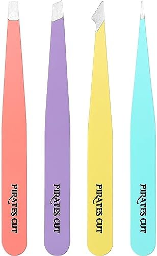 Pirate Cut Tweezers for Eyebrows, Slant Tip and Pointed Eyebrow Tweezer Set Great Precision for Eyebrows Facial Hair, Ingrown Hair, Splinter, Blackhead and Tick Remover (4-piece) (Multi-color)