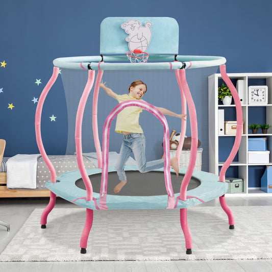 48' Trampoline for Kids, 4FT Mini Trampoline Indoor, Outdoor Toddlers Trampoline with Safety Enclosure, Basketball Hoop, No Gap Design Trampoline, Birthday Gift for Kids Age 1-8(Baby Blue)