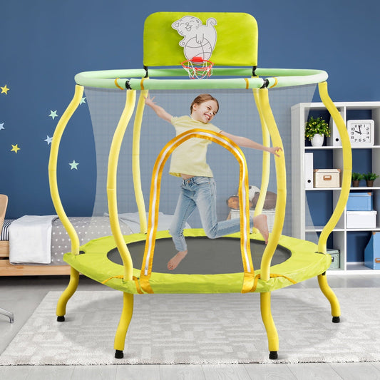 48' Trampoline with Safety Enclosure Net,Mini Toddler Trampoline with Basketball Hoop and No-Gap Design Birthday Gifts for Kids, Gifts for Boy and Girl,Light Yellow