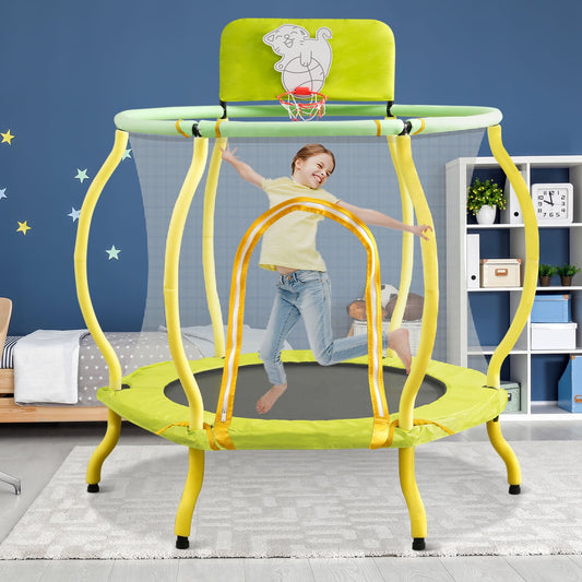 4FT Indoor Trampoline for Kids, 48' Toddler Trampoline with Safety Enclosure Net and No-Gap Design, Mini Small Trampoline with Basketball Hoop & Ball, Perfect Gift for Little Girls Ages 1-8, Yellow