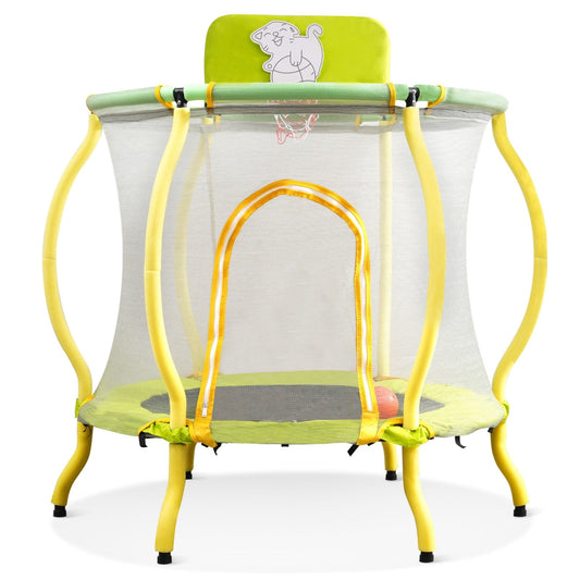 4FT Mini Trampoline with Basketball Hoop and Ball for Kids, 48inch Indoor Outdoor Toddler Trampoline with Safety Enclosure Net, Recreational Trampolines for Birthday/Chrismas Gift, Light Yellow
