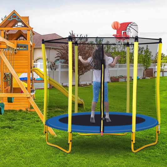 5.5 FT Children's Trampoline for Kids, Heavy Duty Small Mini Toddler Trampoline with Enclosure, Basketball Hoop and Ball Included for Boys & Girls, Yellow