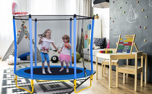 5.5FT Trampoline for Kids, 65' Outdoor & Indoor Mini Toddler Trampoline with Enclosure, Reversible Basketball Hoop and Ball, Recreational Trampoline for Boys Girls, Blue