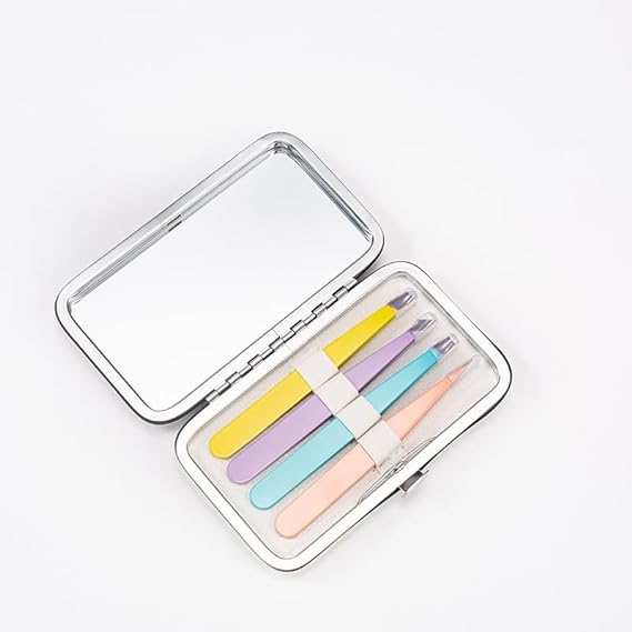 Tweezers Set - Professional Stainless Steel Tweezers Kit for Eyebrows for Women and Men with Mirror& Leather Travel Case, Facial Hair Ingrown Hair Removal (4 Pcs, Colorful)
