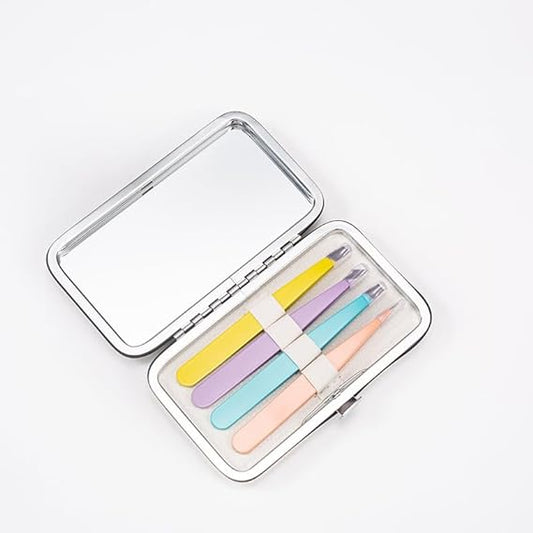 Tweezers Set - Professional Stainless Steel Tweezers Kit for Eyebrows for Women and Men with Mirror& Leather Travel Case, Facial Hair Ingrown Hair Removal (4 Pcs, Colorful)