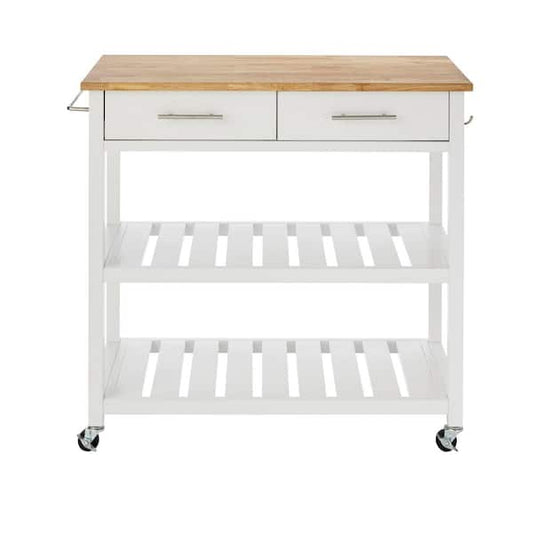 Double Kitchen Cart Cream White/Natural 2 Drawers and 2 Shelves