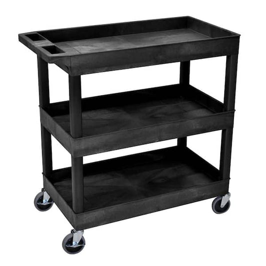 Plastic Tub Cart Black 3-Shelf 18 x 35 w/ Ergonomic Push Handle