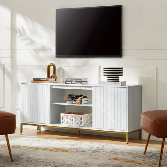 58' Storage TV Stand Adjustable Wood Sideboard Functional Cabinet for 70'TV Metal Legs Living Room Kitchen,Ivory