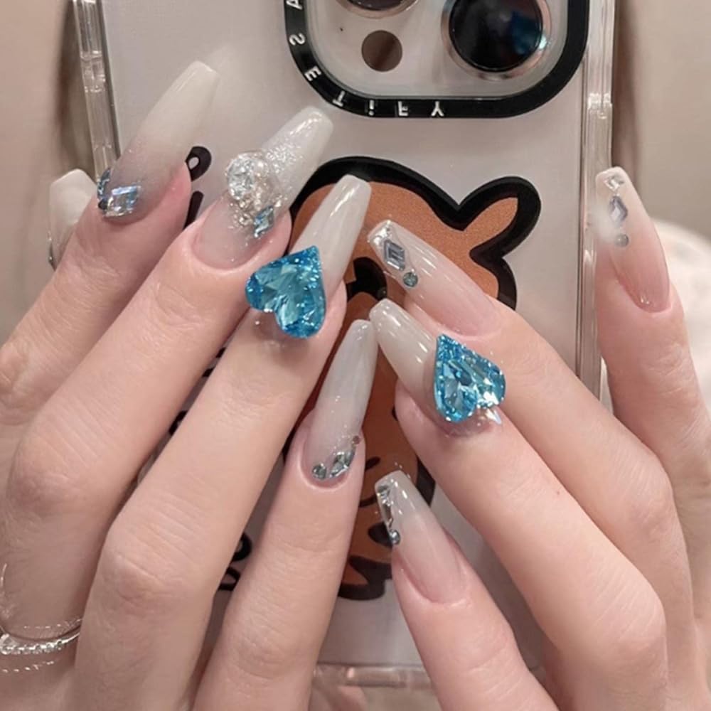 YoYoee Diamond Inlaid Manicure Press on Nails Luxury Ballerina Fake Nails Long Coffin False Nails Acrylics Gradient Stick on Nails for Women and Girls 24PCS