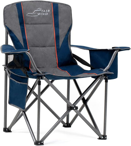 Oversized Fully Padded Camping Chair with Lumbar Support, Heavy Duty Quad Fold Arm Chair with Cooler Bag - Support 450 LBS，Blue