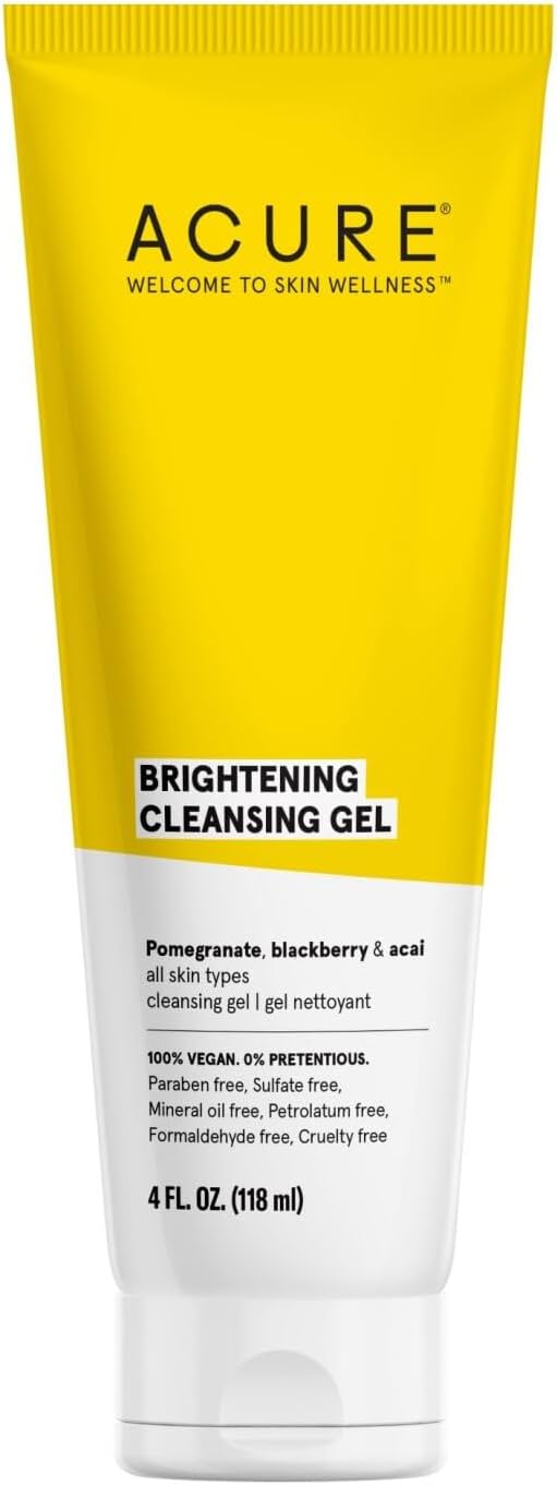 Acure Brightening Cleansing Gel - Vegan Cleanser for Radiant Skin - Pomegranate, Blackberry & Acai Infused - Antioxidant-Rich Gentle Formula for All Skin Types - Superfruit + Chlorella Blend - 4 Fl Oz