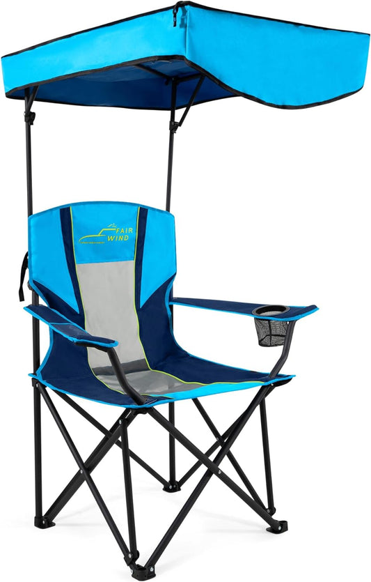 Oversized Camping Lounge Chair with Adjustable Shade Canopy for Outdoor Sports Heavy Duty Quad Fold Chair Arm Chair - Blue Green