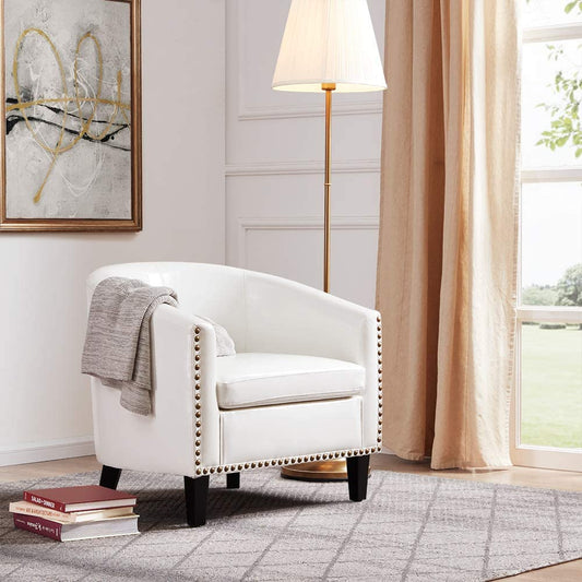 Modern Tub Barrel Accent Chair Upholstered Faux Leather with Nail Head, White