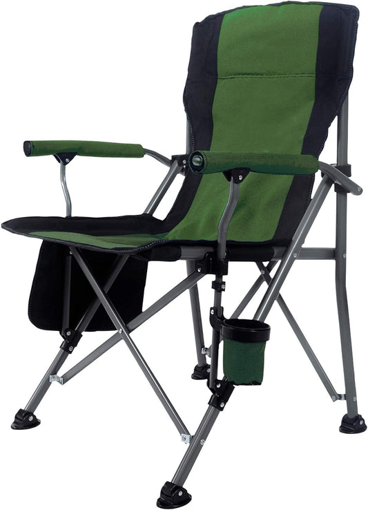 Portable Camping Chair Folding Heavy Duty Quad Outdoor Large Chairs Support 330 lbs High Back Padded Thicken Oxford with Armrests, Storage Bag, Cup Holder, Carry Bag for Outside(Green)
