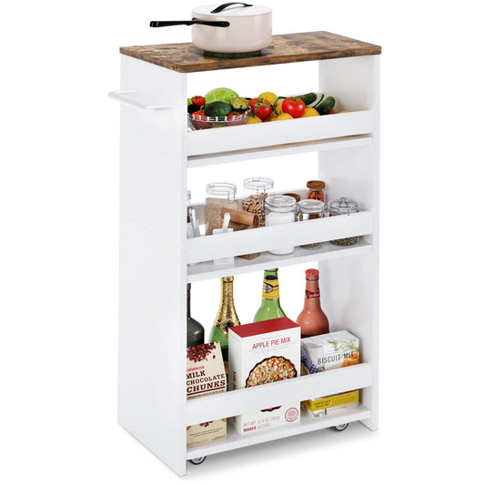 4 Tier White Slim Storage Cart with Handle, 7.9''W Slide Out Storage Rolling Utility Cart