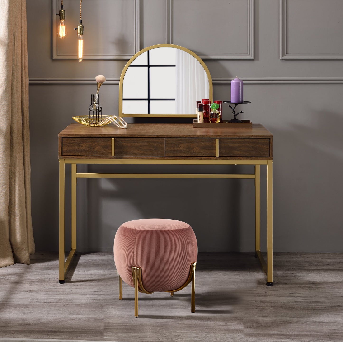 ACME Coleen Vanity Desk w/Mirror & Jewelry Tray in Walnut & Gold Finish AC00670