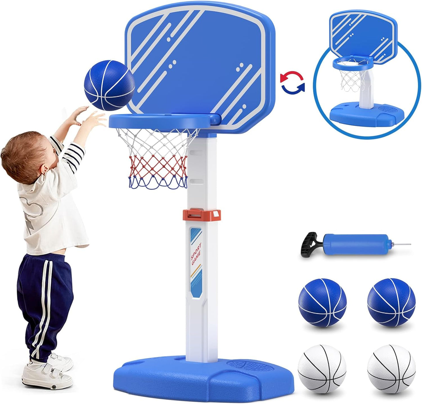 Toddler Basketball Hoop Indoor, Kids Basketball Hoop Outdoor with Adjustable Height/4 Balls/2 Nets, Mini Basketball Goal Court Sport Toys Gifts for Backyard Games Outside Swimming Pool