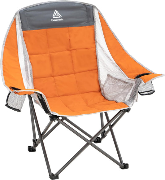 CampNacht Outdoor Camping Lawn Chair, Oversized Padded Chair for Adults with Cup Holders, Portable Lightweight Folding Chair for Outside with Carry Bag for Camping, Hiking, Orange, 1 Pack