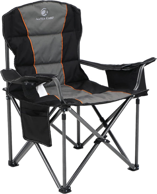 ALPHA CAMP Oversized Camping Folding Chair Heavy Duty Lawn Chair with Cooler Bag (Black)