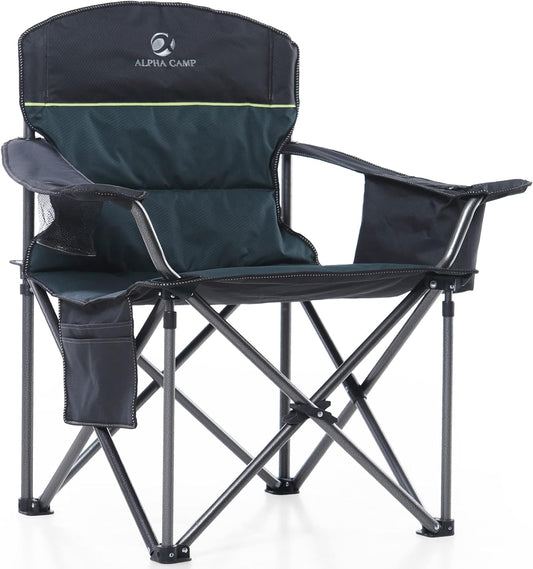 ALPHA CAMP Oversized Heavy Duty Lawn Chair with Cooler Bag Support 450 LBS Steel Frame Camping Folding Collapsible Padded Quad Lumbar Back Arm Chair for Outdoor, Portable, Green
