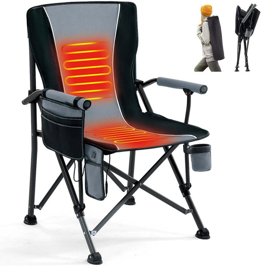 Heated Camping Chair Portable for Outdoor Sports, Heavy Duty Heated Folding Lawn Chair Support 400lbs, Collapsible Heated Seat with Cup Holder&Carry Bag for Outside, Gray(12V Battery Pack Required)…