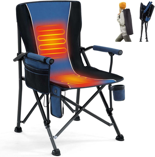 Heated Camping Chair Portable for Outdoor Sports Heavy Duty Heated Folding Lawn Chair Support 400lbs, Collapsible Heated Seat with Cup Holder&Carry Bag for Outside, Navy(12V Battery Pack Required)…
