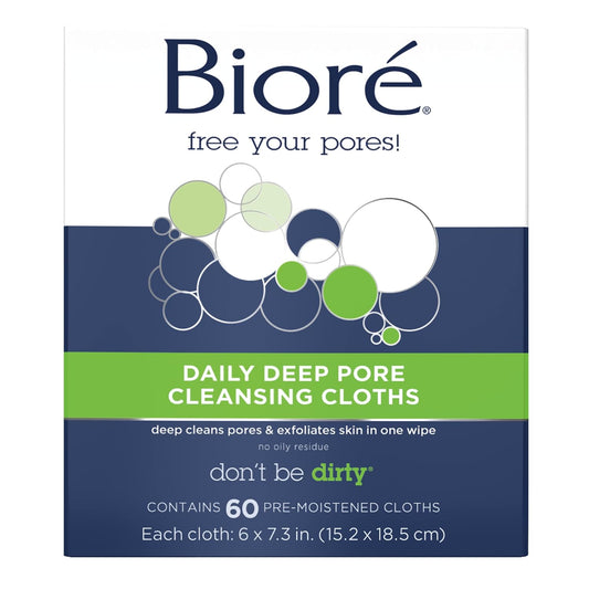BiorŽ Daily Make Up Removing Cloths, Facial Cleansing Wipes with Dirt-grabbing Fibers for Deep Pore Cleansing without Oily Residue, 60 Count
