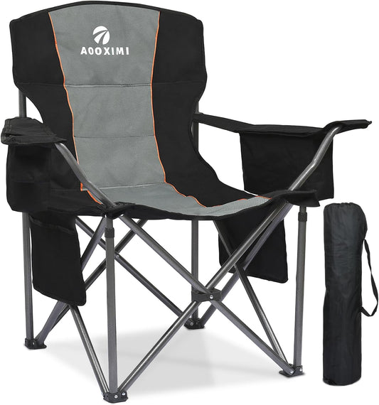 Oversized Folding Camping Chairs, Outdoor Chair Heavy Duty Support 450 LBS with Padded Cushion Seat and Back, with Cup Holder and Cooler Bag, Portable Lawn Chair for Beach Picnic Sports