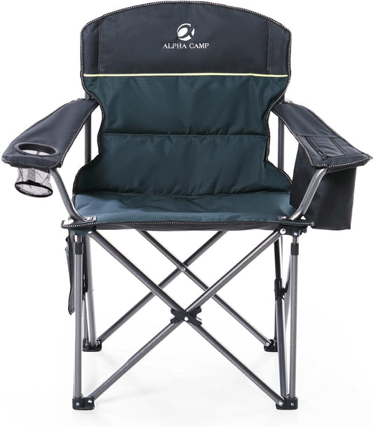 LET'S CAMP Oversized Folding Camping Chair Portable Outdoor Heavy Duty Padded Chairs Lawn Chair with Cup Holder, Storage Pocket and Cooler Bag, Supports 450LBS, for Camp, Travel, Picnic (Green)