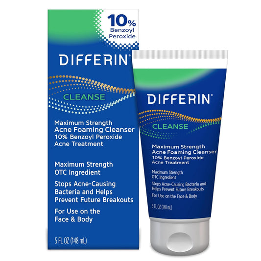 Differin Acne Face Wash with 10% Benzoyl Peroxide, Maximum Strength OTC Acne Foaming Cleanser, Fast Acting Acne Treatment for Face and Body, 5 oz.