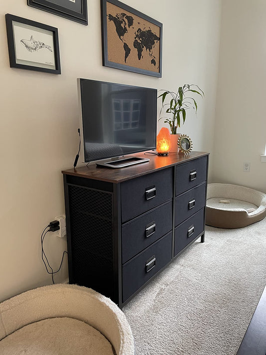 Vertical Wide Dresser Storage Tower, with 6 Drawers, Steel Frame, Wooden Top