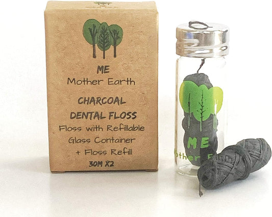 Vegan Biodegradable Bamboo Charcoal Dental Floss with Refillable Glass Container | Free Refill | Natural Candelilla Wax | 33yds x2 | Peppermint Essential Oil | Eco Friendly Zero Waste Oral Care