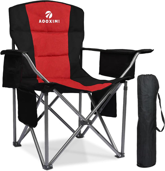 Oversized Folding Camping Chairs, Outdoor Chair Heavy Duty Support 450 LBS with Padded Cushion Seat and Back, with Cup Holder and Cooler Bag, Portable Lawn Chair for Beach Picnic Sports