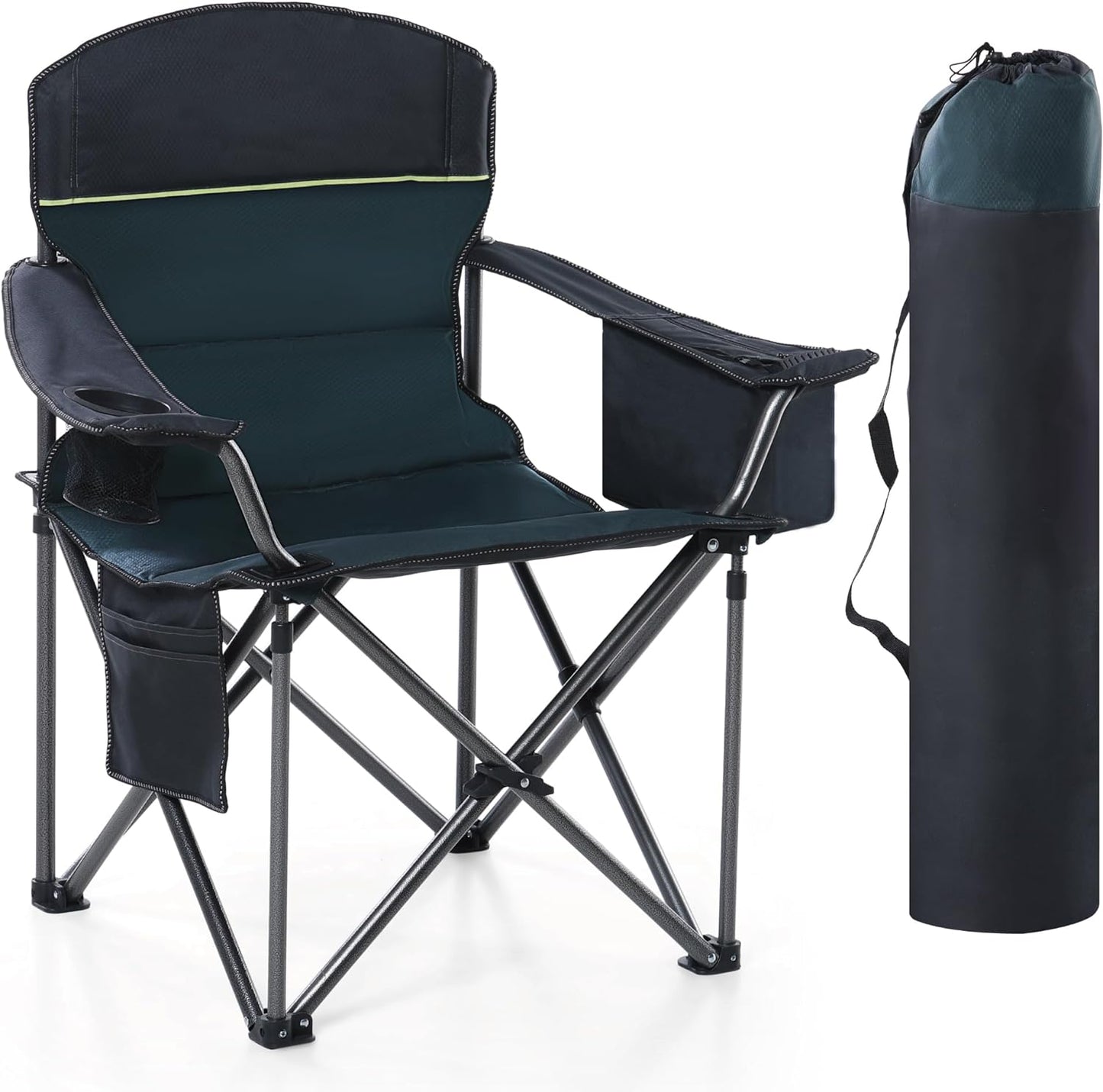 Camping Folding Chair, Heavy Duty Oversized Portable Outdoor Chair, Foldable Camp Chair with Cup Holder and Cooler Bag Support 450 LBS, Green