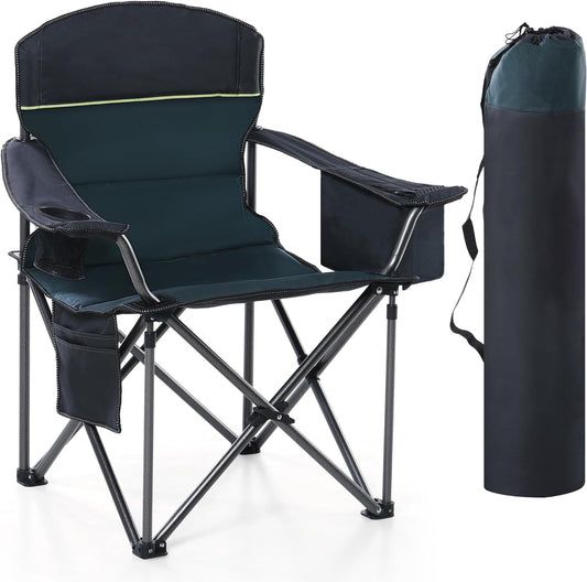 Camping Folding Chair, Heavy Duty Oversized Portable Outdoor Chair, Foldable Camp Chair with Cup Holder and Cooler Bag Support 450 LBS, Green