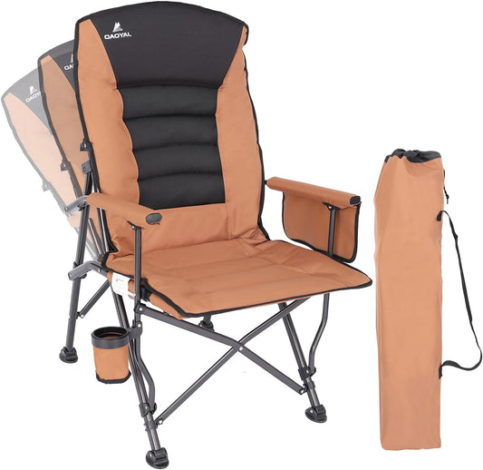 Camping Chairs for Adults, Adjustable Backrest Chair Supports 350lbs, Folding Chairs for Outside, Oversized Lawn Chair with Cup Holder, Brown