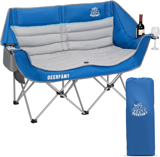 DEERFAMY Double Camping Chair Portable Folding Outdoor Loveseat with Cup & Wine Glass Holder for Outdoor/Beach/Patio-Supports up to 530 LBS（Blue）