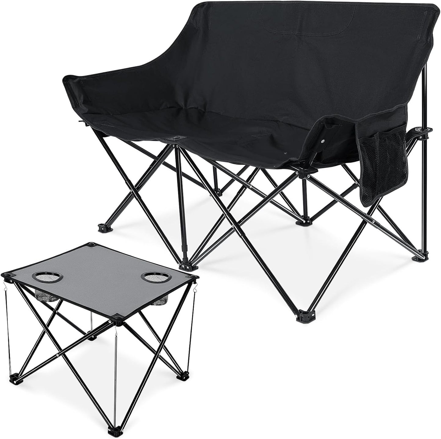 Leonyo Double Folding Camping Chair, Oversized Loveseat Chair with Camp Table, Collapsible Moon Chair for Adults, Portable 2 Person Outdoor Duo Folding Chair for Lawn, Backyard, Sports, Black