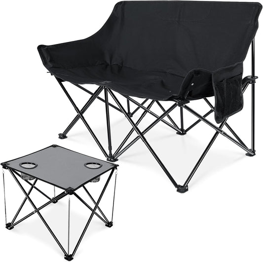 Leonyo Double Folding Camping Chair, Oversized Loveseat Chair with Camp Table, Collapsible Moon Chair for Adults, Portable 2 Person Outdoor Duo Folding Chair for Lawn, Backyard, Sports, Black
