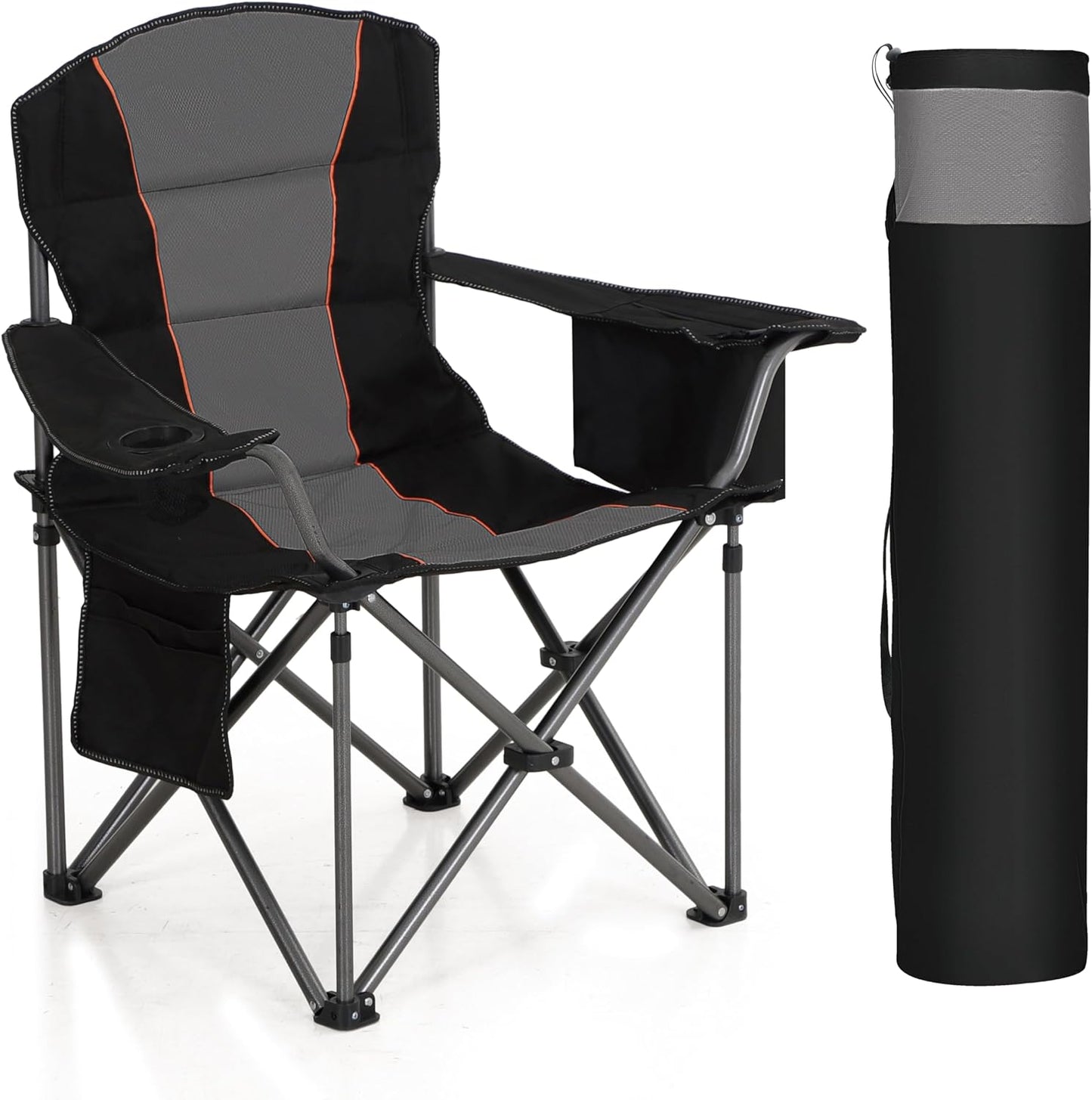 Oversized Portable Camping Folding Chair, Heavy Duty Foldable Outdoor Chair, Camp Chair with Cup Holder and Cooler Bag Support 450 LBS, Black
