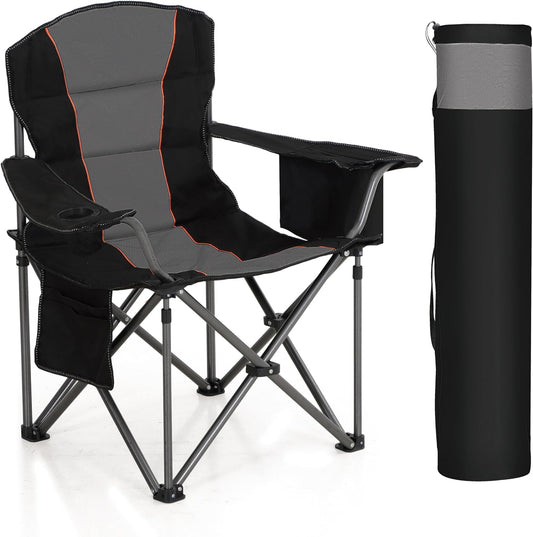 Oversized Portable Camping Folding Chair, Heavy Duty Foldable Outdoor Chair, Camp Chair with Cup Holder and Cooler Bag Support 450 LBS, Black