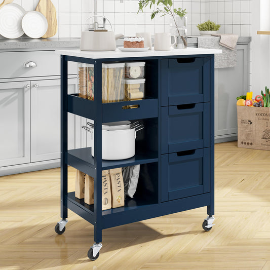 Small Solid Wood Top Kitchen Island Cart on Wheels with Storage, Rolling Portable Dining