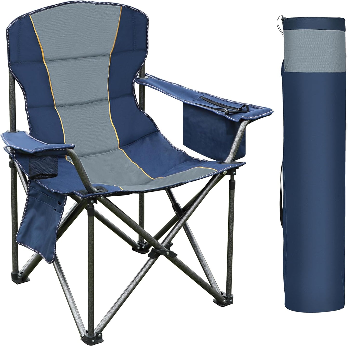 Oversized Portable Camping Folding Chair, Foldable Outdoor Chair Support 450 LBS, Arm Lawn Chair with Cup Holder and Cooler Bag for Adult, Blue