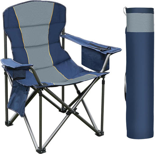 Oversized Portable Camping Folding Chair, Foldable Outdoor Chair Support 450 LBS, Arm Lawn Chair with Cup Holder and Cooler Bag for Adult, Blue