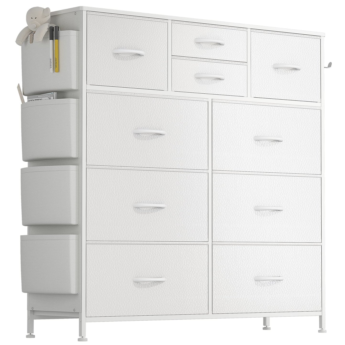 White Dresser for Bedroom with 10 Drawers, Chest of Drawers with Side Pockets and Hooks