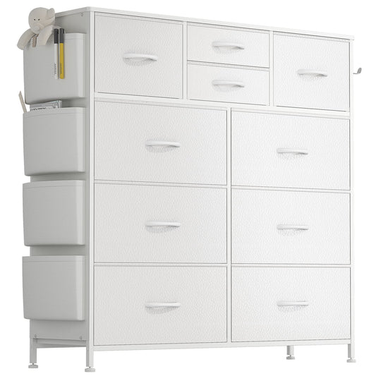 White Dresser for Bedroom with 10 Drawers, Chest of Drawers with Side Pockets and Hooks