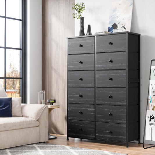 Tall Dressers for Bedroom, 12 Drawer with Wooden Top and Metal Frame, Fabric Dresser