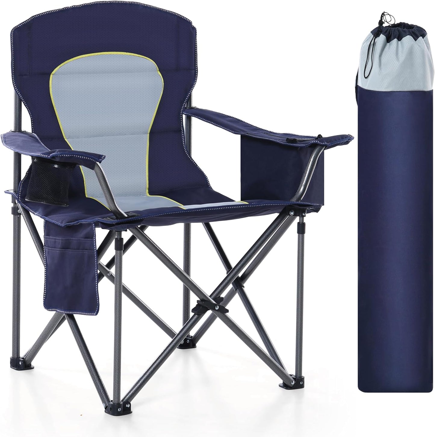 Oversized Camping Folding Chair, Heavy Duty Portable Outdoor Chair, Foldable Camp Chair with Cup Holder and Cooler Bag Support 450 LBS, Dark Blue