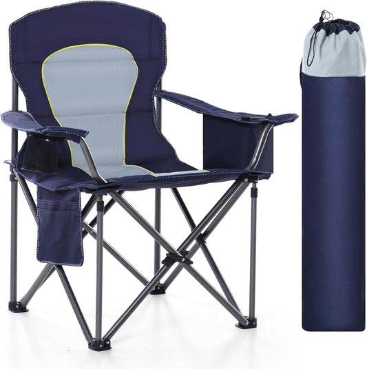 Oversized Camping Folding Chair, Heavy Duty Portable Outdoor Chair, Foldable Camp Chair with Cup Holder and Cooler Bag Support 450 LBS, Dark Blue